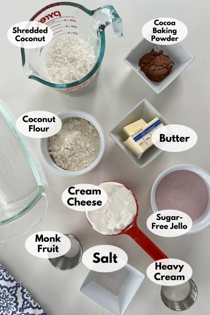 Ingredients include shredded coconut, cocoa baking powder, coconut flour, butter, cream cheese, sugar-free Jello, monk fruit, salt, and heavy cream with measuring cups nearby.