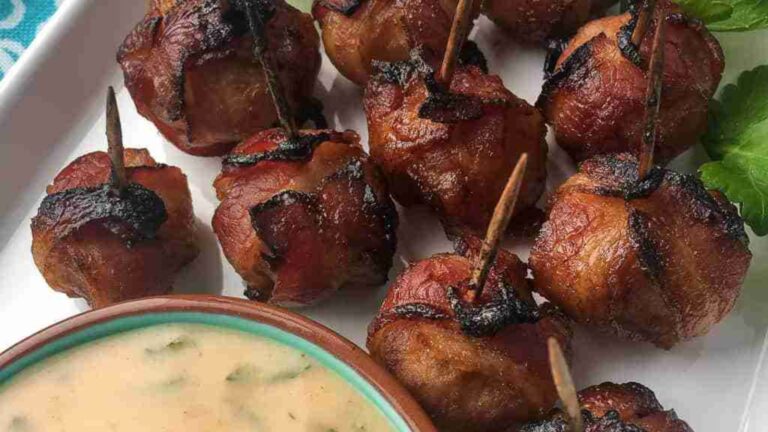 Bacon-Wrapped Water Chestnuts with Spicy Mustard Dip