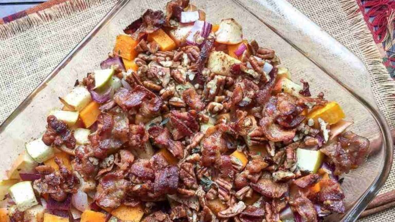 Savory Apple Butternut Squash Casserole with Sweet Bacon-Pecan Topping