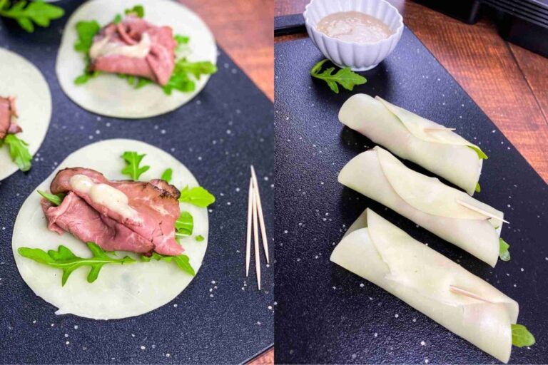 Two images show slices of roast beef, arugula, and sauce on circular cheese slices, then rolled up and secured with toothpicks to make wrapped cheese roll-ups.