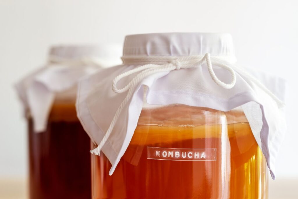 Two glass jars covered with cloths are filled with kombucha, a fermented tea drink.