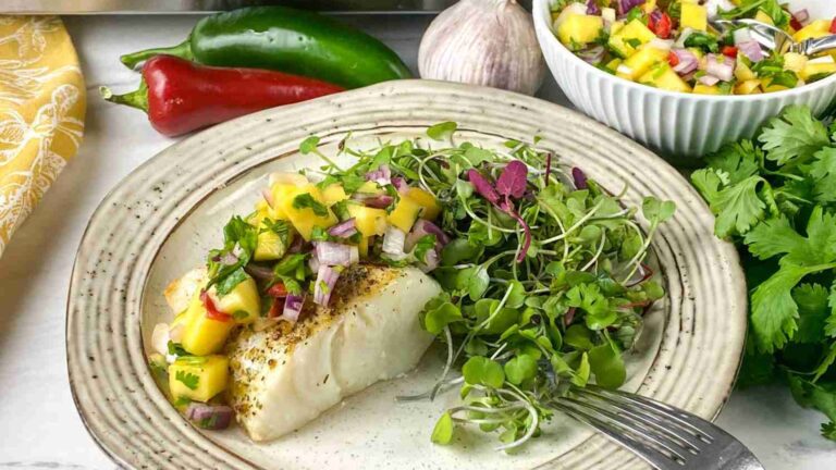 Air Fryer Halibut with Spicy Mango Salsa