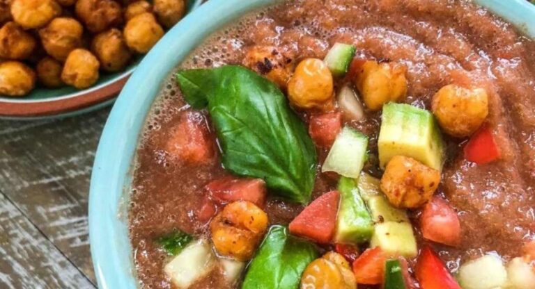 Chilled Gazpacho with Crispy Chickpea Croutons