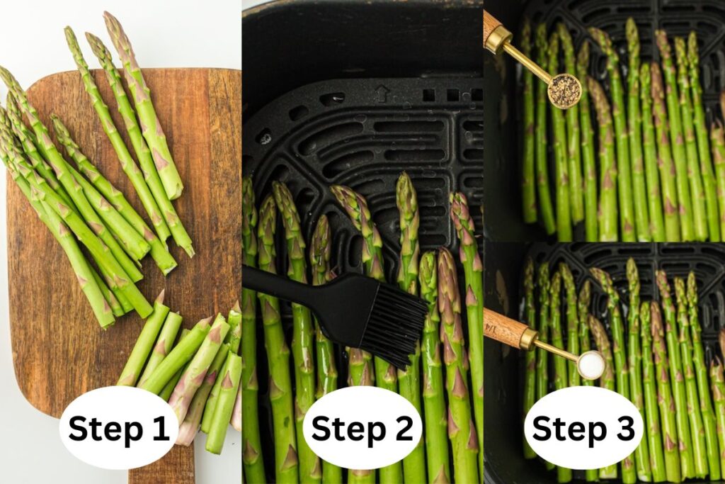 Three images showing asparagus preparation steps: Step 1 - trimmed asparagus on a board, Step 2 - brushing asparagus with olive oil, Step 3 - seasoning with salt and pepper in an air fryer.