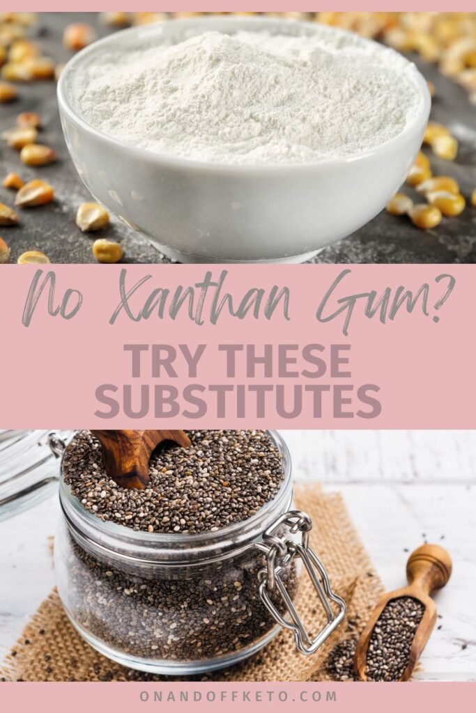 Bowl of flour and corn kernels above, chia seeds in a jar below. Text: "No Xanthan Gum? Discover These xanthan gum substitute Options.