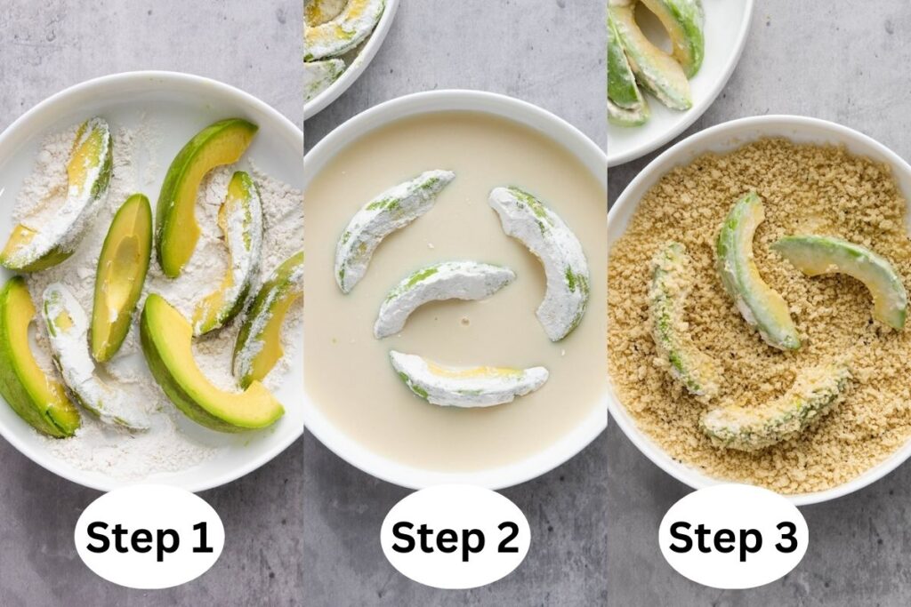 Three steps to coat avocado slices: Step 1 - dipped in flour; Step 2 - dipped in liquid; Step 3 - coated with breadcrumbs.
