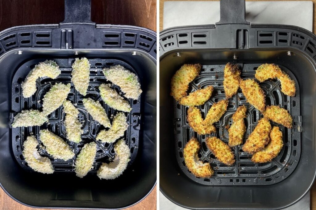 Split image showing breaded avocado slices in an air fryer before and after cooking. The left side shows uncooked slices, and the right side shows crispy, golden-brown cooked slices.