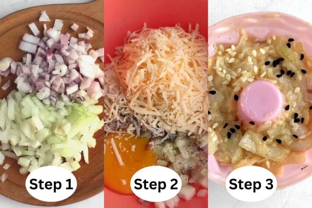 Chopped onions on a board (Step 1), mixed with grated cheese and egg in a bowl (Step 2), and served with sesame seeds in a pink dish (Step 3).