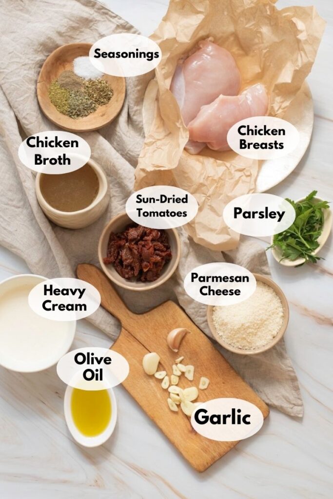 Ingredients for a low-carb "Marry Me Chicken" recipe featuring chicken breasts, sun-dried tomatoes, parsley, parmesan cheese, garlic, olive oil, heavy cream, chicken broth, and seasonings are beautifully displayed on a white surface.