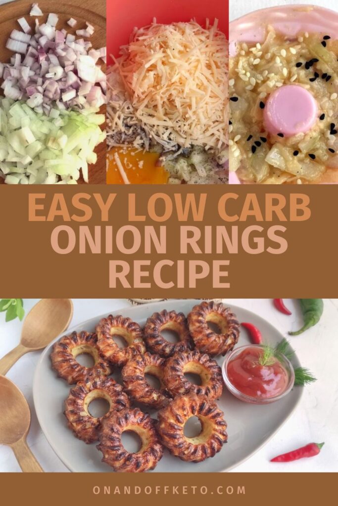 Chopped onions, cheese, and spices above; perfectly crispy low carb onion rings with dipping sauce below. Text: "Easy Low Carb Onion Rings Recipe.