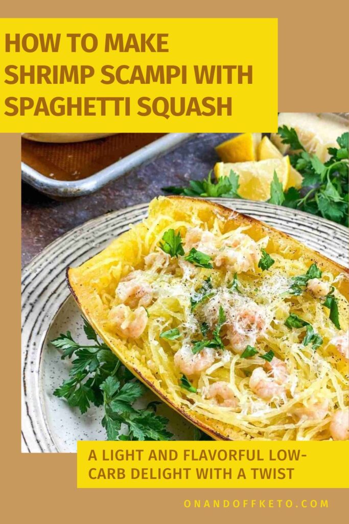 Enjoy a low-carb delight with shrimp scampi elegantly nestled in spaghetti squash, garnished with fresh parsley and lemon wedges, creating a perfect harmony on your plate.