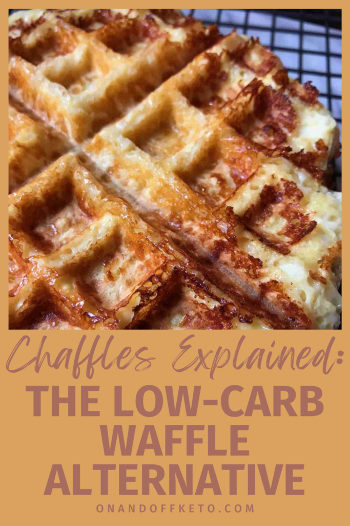 Close-up of a chaffle on a cooling rack with text overlay: "What is a Chaffle? Chaffles Explained: The Low-Carb Waffle Alternative.