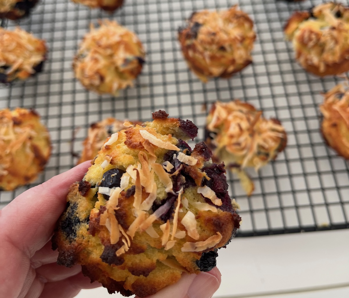A hand holds a baked cookie crowned with toasted coconut flakes, while low carb blueberry muffins cool on a rack in the background.