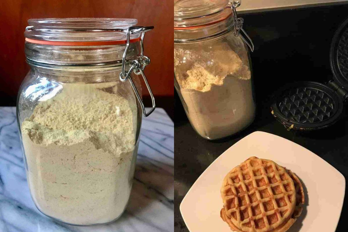 Side by side pictures of a pancake and waffle mix with a waffle on a plate and a waffle maker.