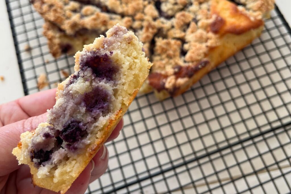 A close-up of a hand holding a slice of blueberry cake with a crumb topping. The whole cake is on a cooling rack in the background.