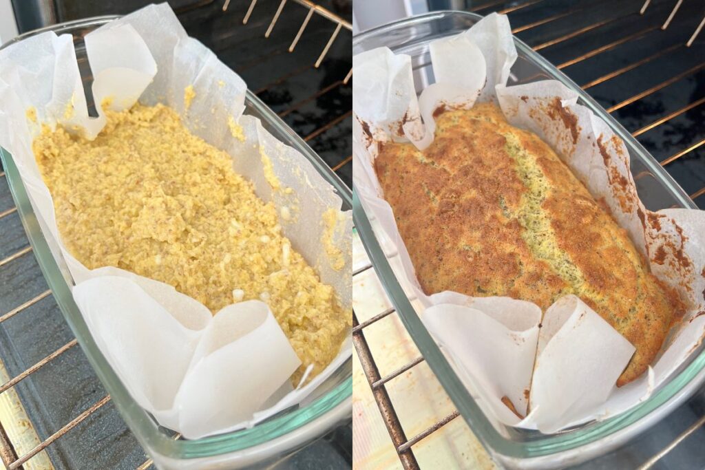 Two images side by side show a loaf in a glass baking dish. The left is uncooked with a raw batter, and the right is baked, golden brown and risen. Both dishes are lined with parchment paper.