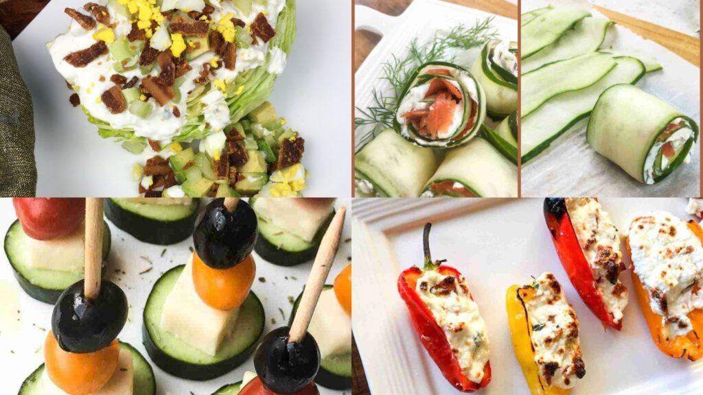 A collage of appetizers: lettuce wedge with toppings, cucumber rolls with salmon, skewered veggies and cheese, and stuffed mini bell peppers on a white plate.