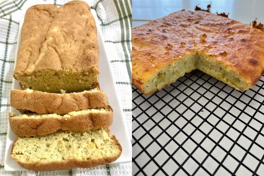 Two corn cakes: one on a white cloth with slices cut, another on a cooling rack with a portion removed.
