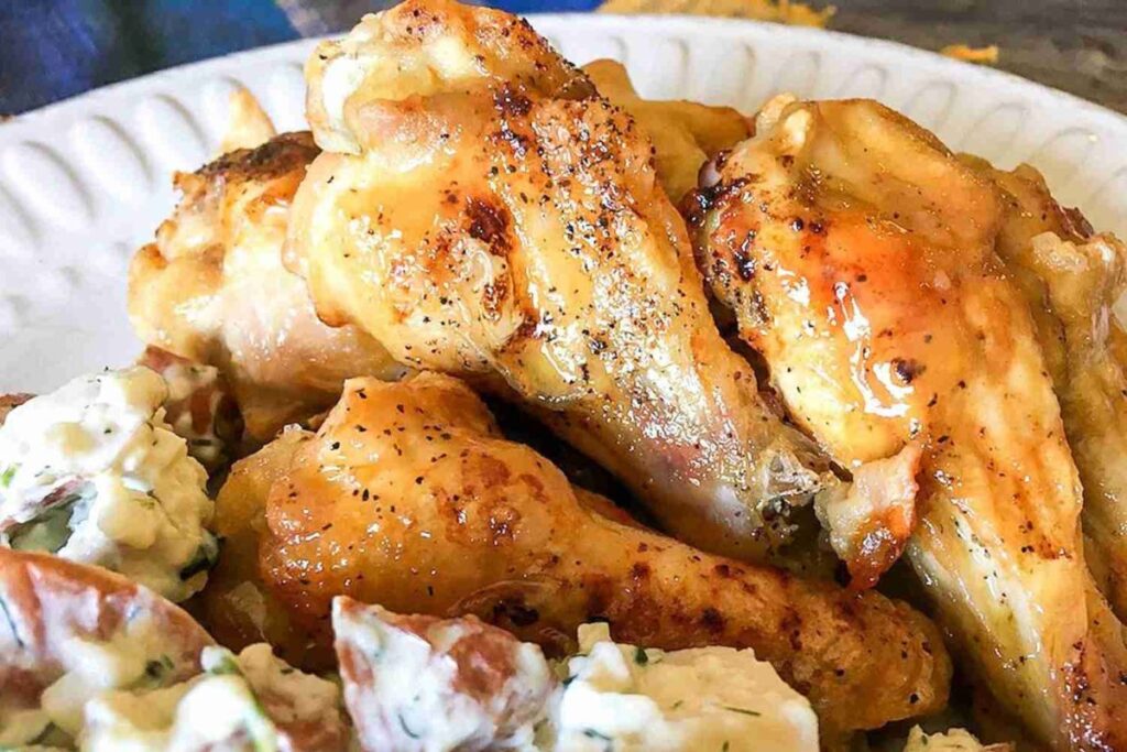 Plate of seasoned baked chicken wings served with potato salad on a white dish.