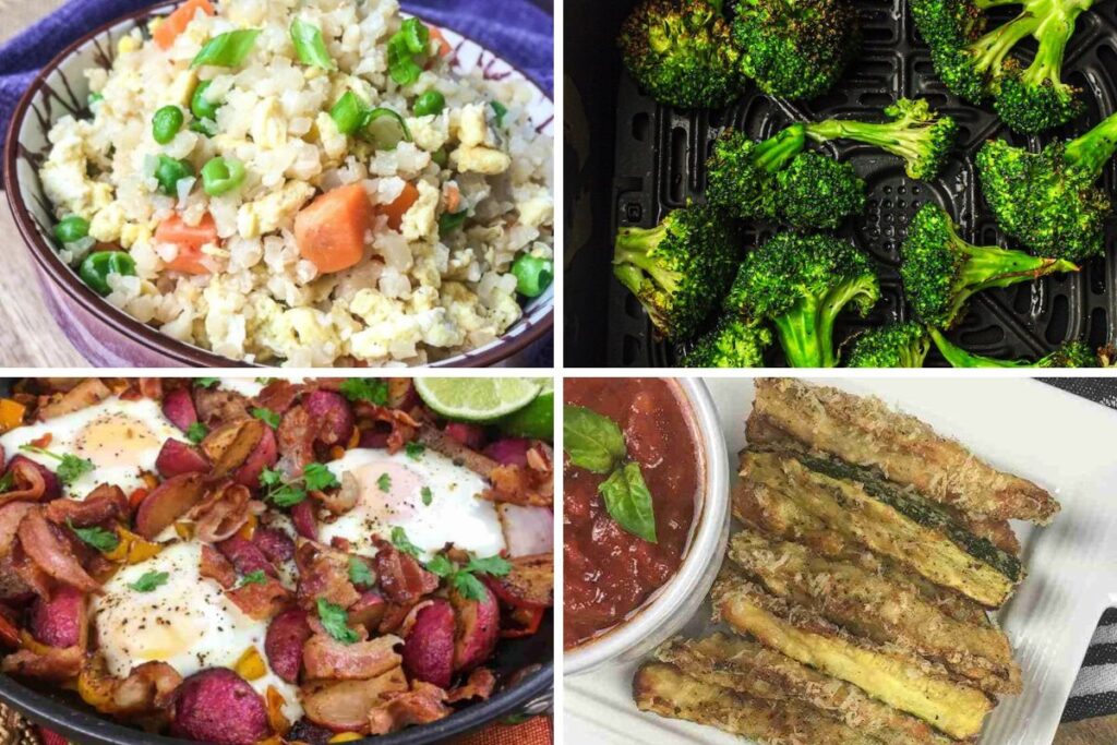 A collage of four dishes: a bowl of fried rice with vegetables, air-fried broccoli, baked eggs with vegetables, and breaded zucchini sticks with marinara sauce.